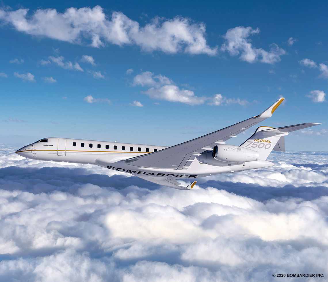 Bombardier Global 7500 private jet in flight over clouds