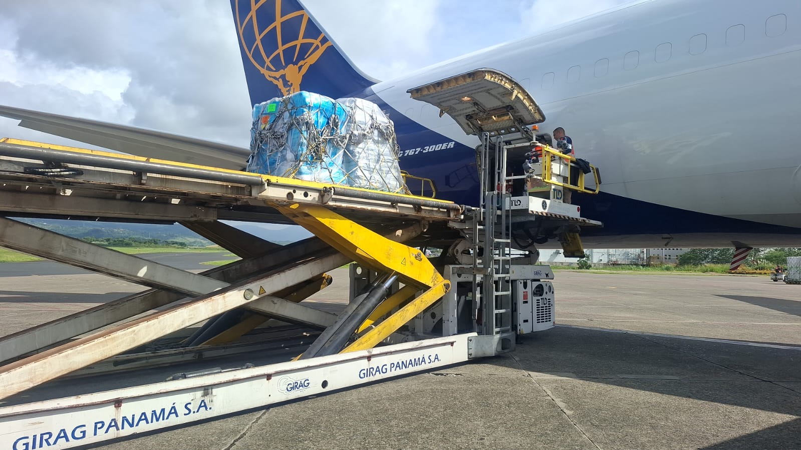 Cargo being loaded on a plane for aid in Jamica