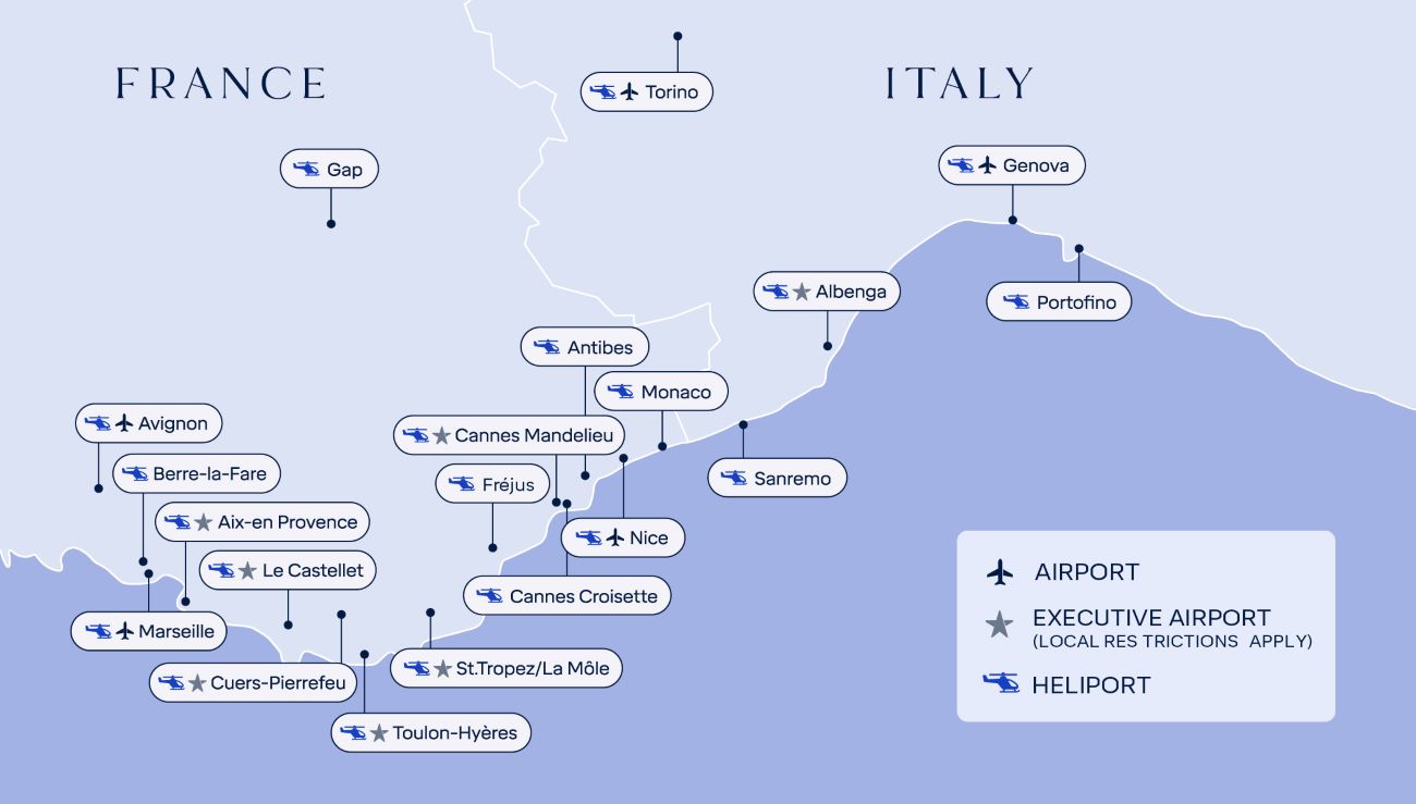 Map of airports on the French and Italian coast