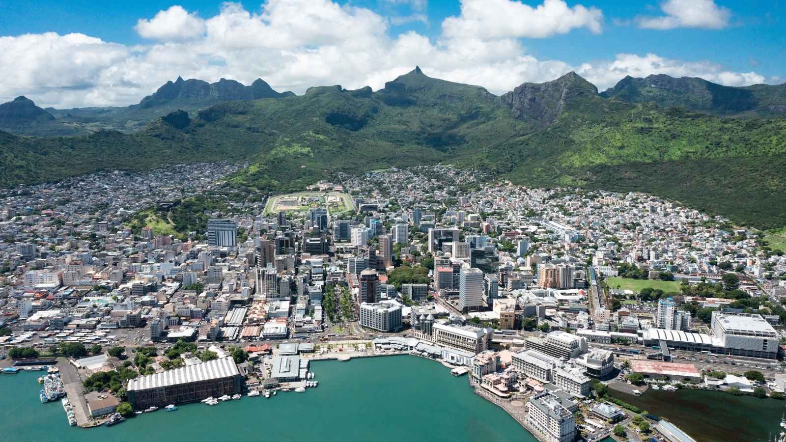 Aerial view of waterfront of Port Louis, Mauritius island