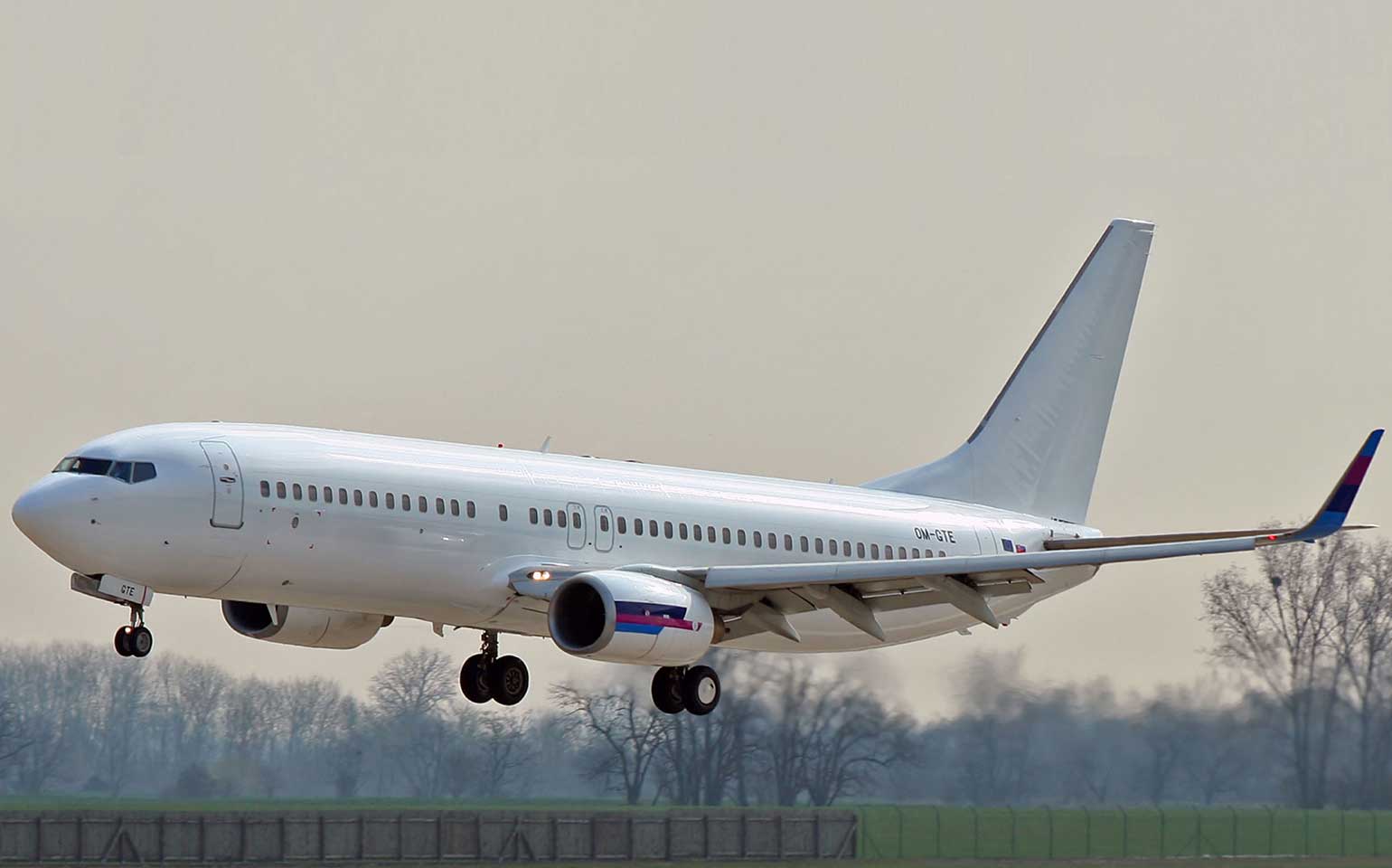 Boeing B737-800 private aircraft charter takeoff with trees