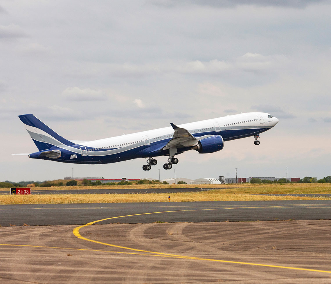 Airbus A330-200 private aircraft charter flight taking off at private airport